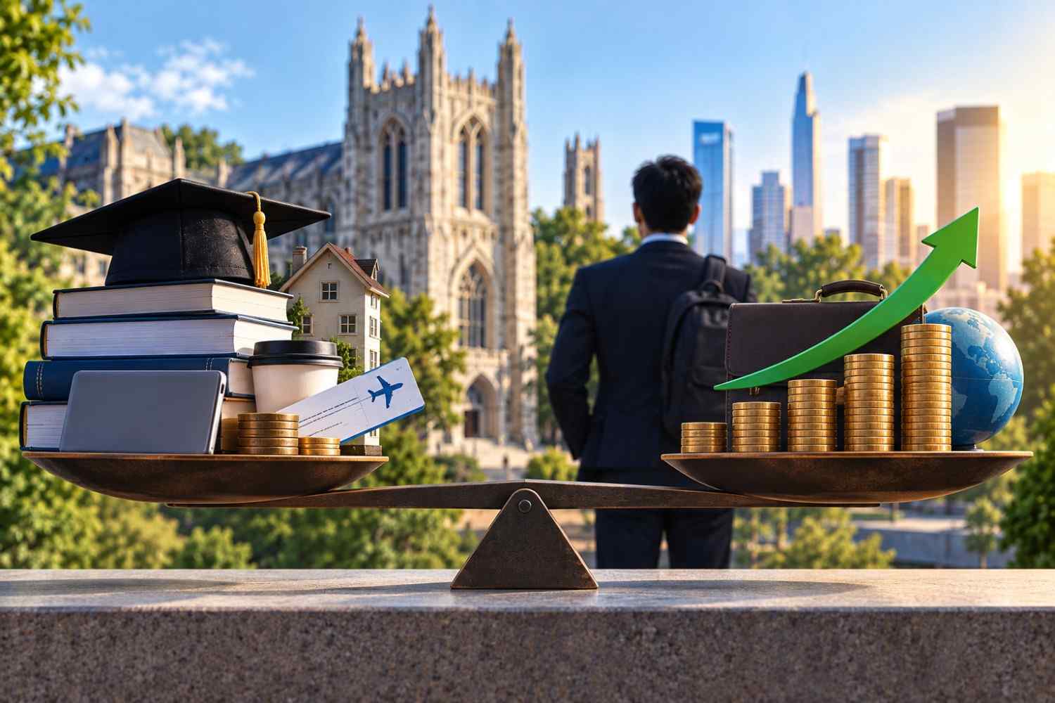 Duke Fuqua MBA fees and return on investment concept with education costs balanced against career growth, salary potential, and professional success.